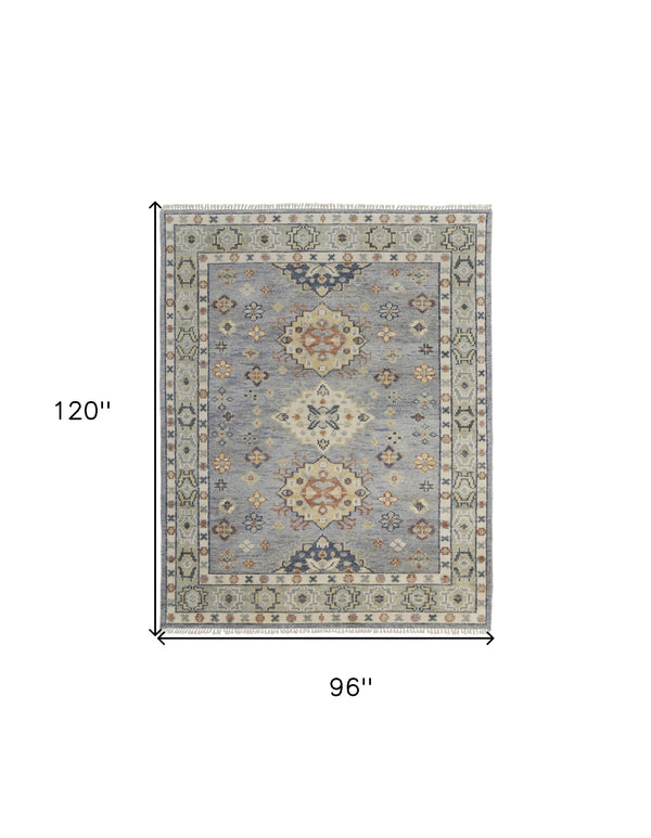 Homeroots 8' X 10' Gray Blue And Taupe Wool Geometric Hand Knotted Area Rug With Fringe Blue Wool 567124