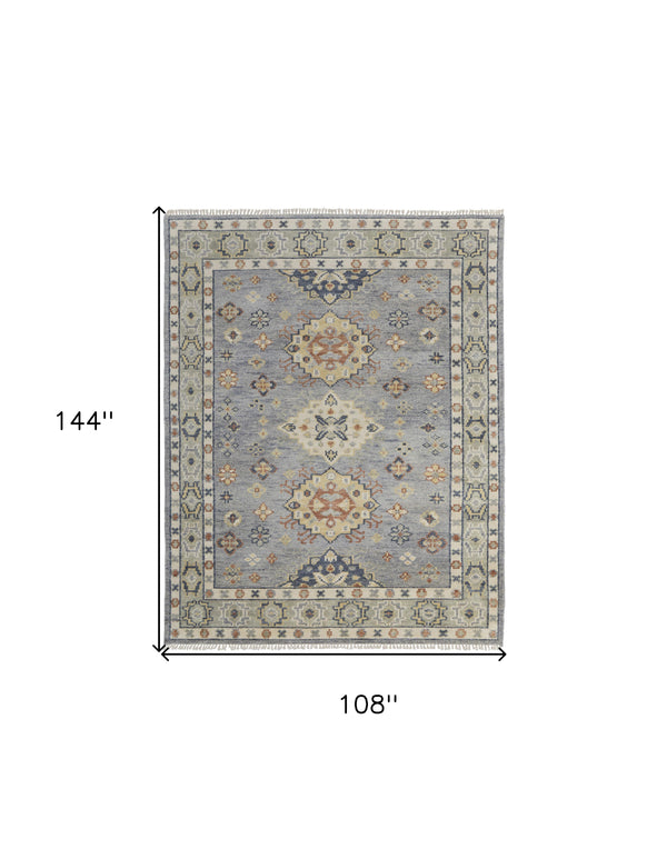 Homeroots 9' X 12' Gray Blue And Taupe Wool Geometric Hand Knotted Area Rug With Fringe Blue Wool 567125