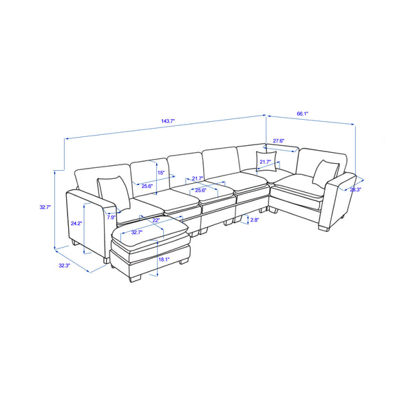 English Elm Modern U Shaped 6-Seat Sectional Sofa with Ottoman and 3 Toss Pillows, Corduroy Modular Comfort and Durable Frame Green W2363S00042