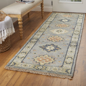 Homeroots 10' Gray Blue And Taupe Wool Geometric Hand Knotted Runner Rug With Fringe Blue Wool 567126