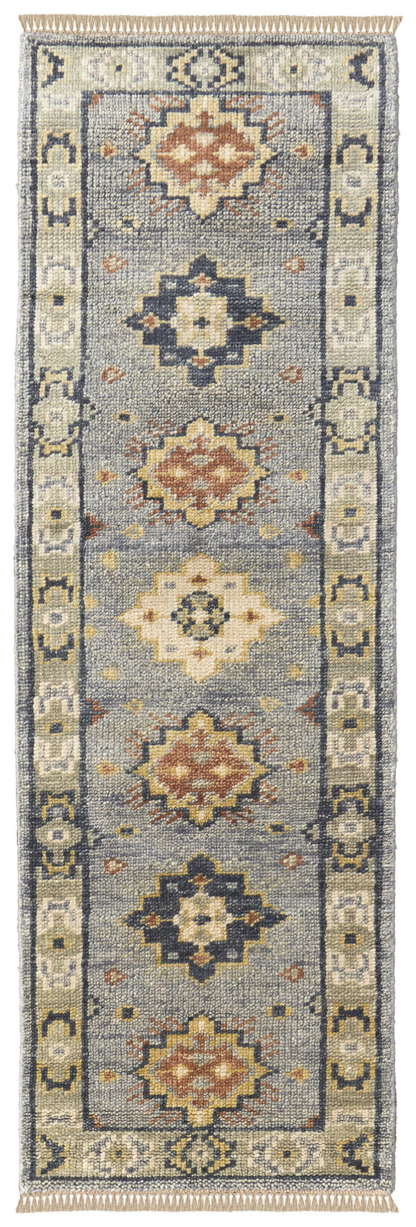 Homeroots 10' Gray Blue And Taupe Wool Geometric Hand Knotted Runner Rug With Fringe Blue Wool 567126