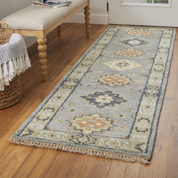 Homeroots 12' Gray Blue And Taupe Wool Geometric Hand Knotted Runner Rug With Fringe Blue Wool 567127