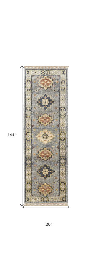 Homeroots 12' Gray Blue And Taupe Wool Geometric Hand Knotted Runner Rug With Fringe Blue Wool 567127