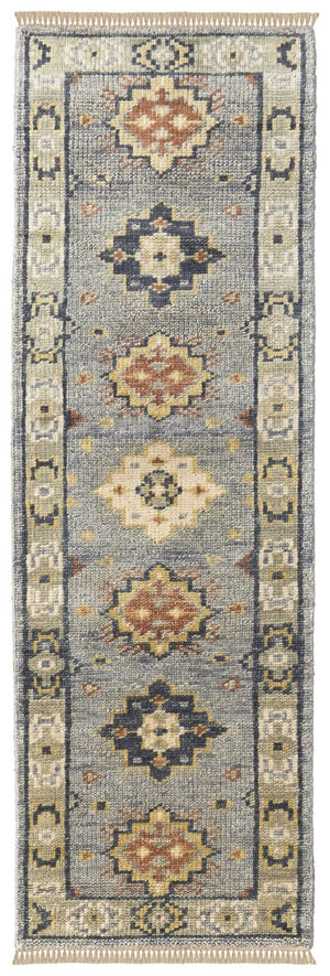 HomeRoots 3' Stylish Hand-Knotted Wool Area Rug with Geometric Design in Green, Blue, Yellow & Fringe 12' Runner 567127