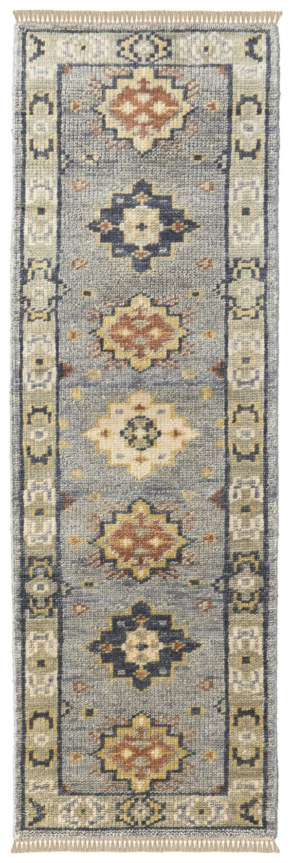 HomeRoots 3' Stylish Hand-Knotted Wool Area Rug with Geometric Design in Green, Blue, Yellow & Fringe 12' Runner 567127
