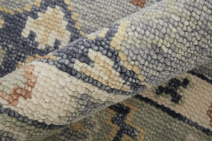 Homeroots 14' Gray Blue And Taupe Wool Geometric Hand Knotted Runner Rug With Fringe Blue Wool 567128