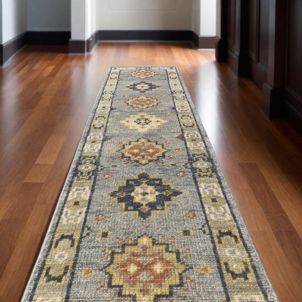 Homeroots 14' Gray Blue And Taupe Wool Geometric Hand Knotted Runner Rug With Fringe Blue Wool 567128