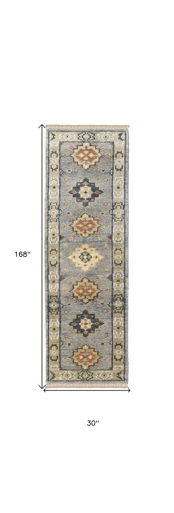 Homeroots 14' Gray Blue And Taupe Wool Geometric Hand Knotted Runner Rug With Fringe Blue Wool 567128