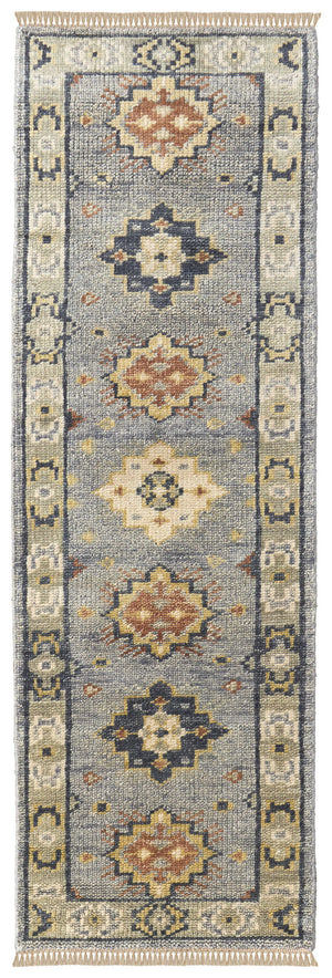 Homeroots 14' Gray Blue And Taupe Wool Geometric Hand Knotted Runner Rug With Fringe Blue Wool 567128