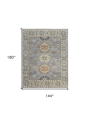 Homeroots 12' X 15' Gray Blue And Taupe Wool Geometric Hand Knotted Area Rug With Fringe Blue Wool 567129