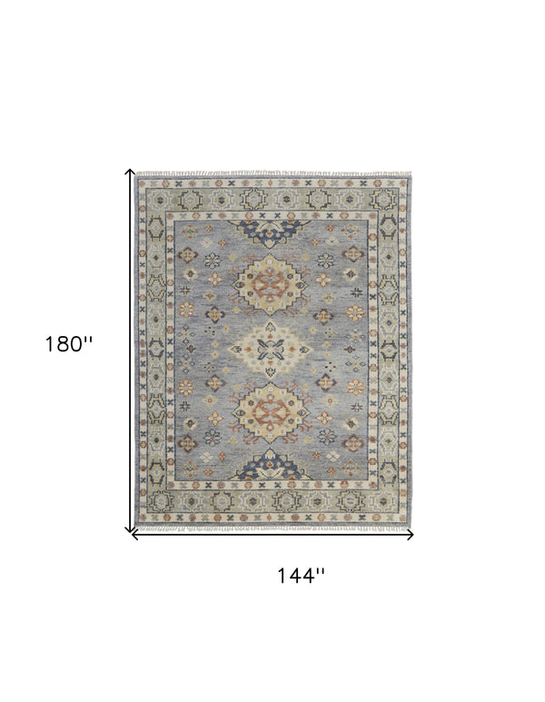 Homeroots 12' X 15' Gray Blue And Taupe Wool Geometric Hand Knotted Area Rug With Fringe Blue Wool 567129