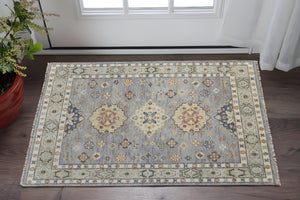 Homeroots 2' X 3' Gray Blue And Taupe Wool Geometric Hand Knotted Area Rug With Fringe Blue Wool 567130