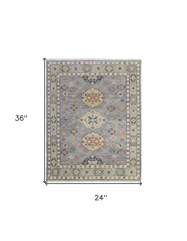Homeroots 2' X 3' Gray Blue And Taupe Wool Geometric Hand Knotted Area Rug With Fringe Blue Wool 567130