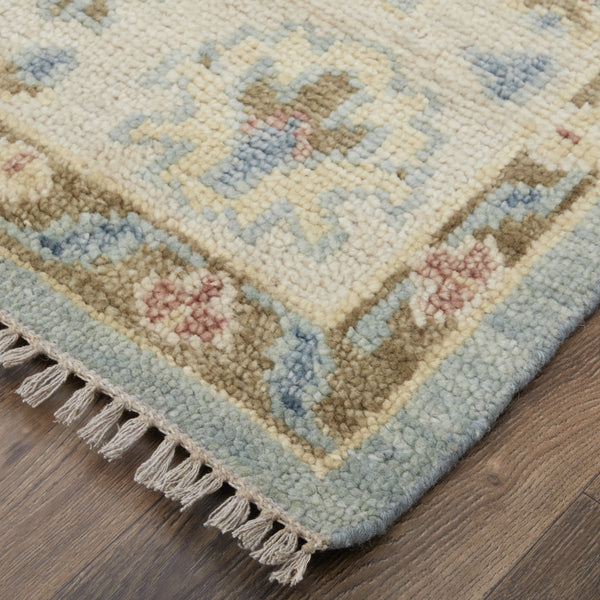 Homeroots 8' X 10' Blue Ivory And Yellow Wool Floral Hand Knotted Area Rug With Fringe Blue Wool 567133