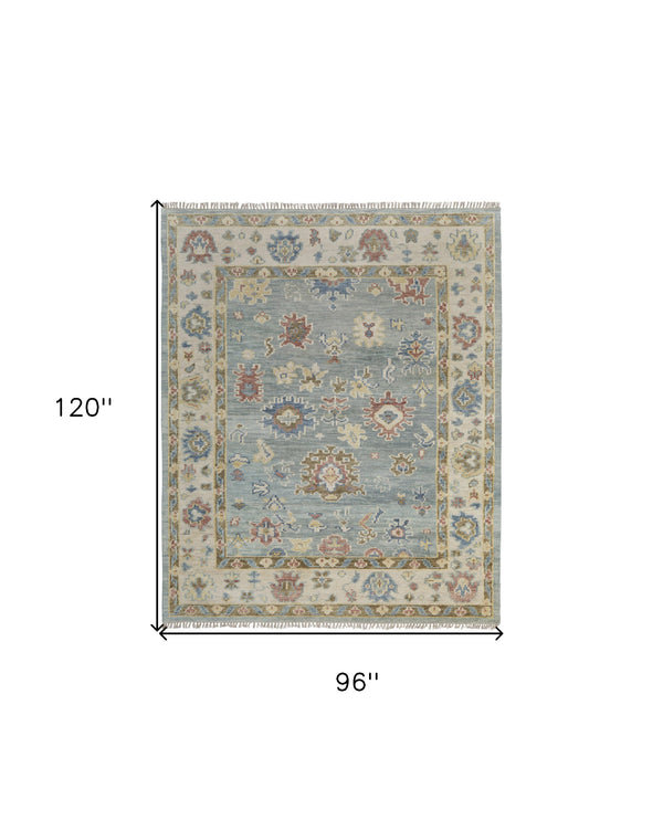Homeroots 8' X 10' Blue Ivory And Yellow Wool Floral Hand Knotted Area Rug With Fringe Blue Wool 567133