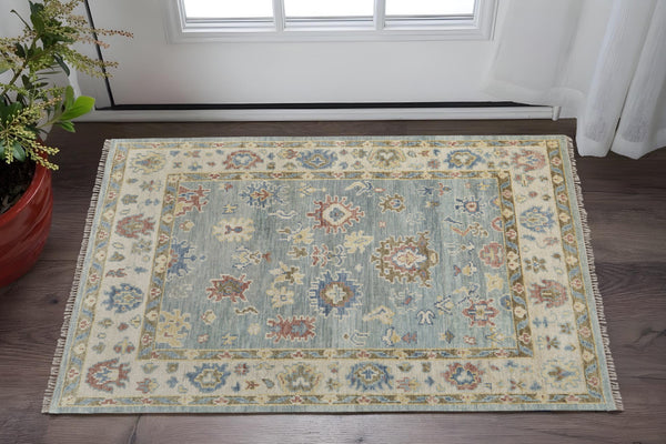 Homeroots 2' X 3' Blue Ivory And Yellow Wool Floral Hand Knotted Area Rug With Fringe Blue Wool 567135