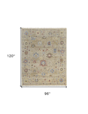 Homeroots 8' X 10' Tan Brown And Blue Wool Floral Hand Knotted Area Rug With Fringe Brown Wool 567139