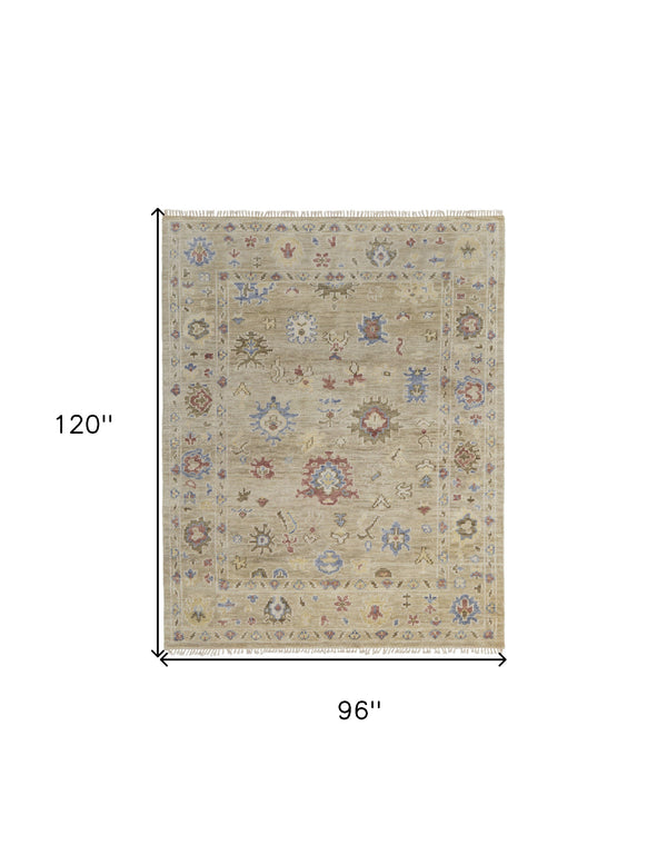Homeroots 8' X 10' Tan Brown And Blue Wool Floral Hand Knotted Area Rug With Fringe Brown Wool 567139