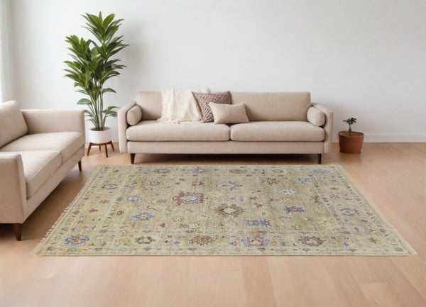 HomeRoots 4' Hand-Knotted Wool Area Rug in Blue, Ivory & Yellow Floral Design with Elegant Fringed Edges 10' X 14' 567141