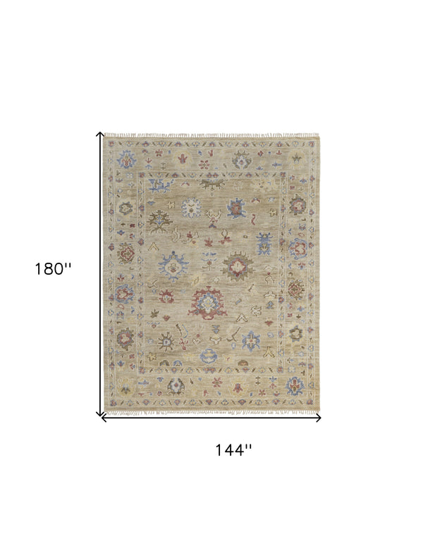 Homeroots 12' X 15' Tan Brown And Blue Wool Floral Hand Knotted Area Rug With Fringe Brown Wool 567142