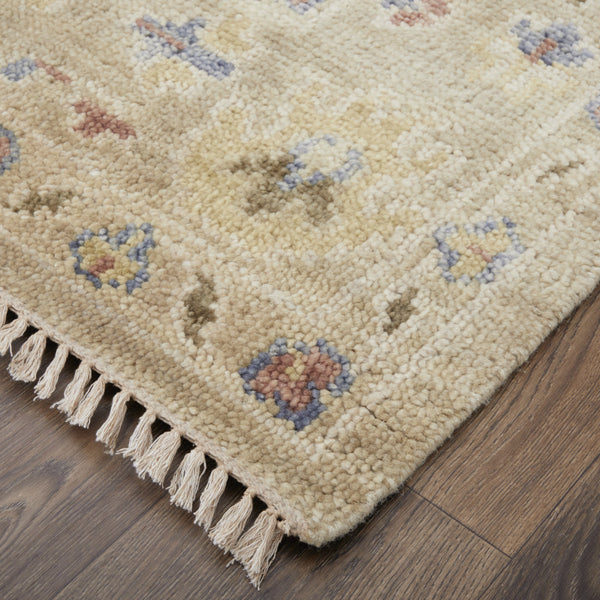 Homeroots 2' X 3' Tan Brown And Blue Wool Floral Hand Knotted Area Rug With Fringe Brown Wool 567143