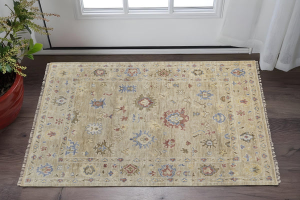 Homeroots 2' X 3' Tan Brown And Blue Wool Floral Hand Knotted Area Rug With Fringe Brown Wool 567143