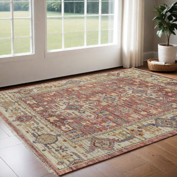 Homeroots 3' X 5' Ivory Red And Gold Wool Oriental Hand Knotted Area Rug With Fringe Red Wool 567144