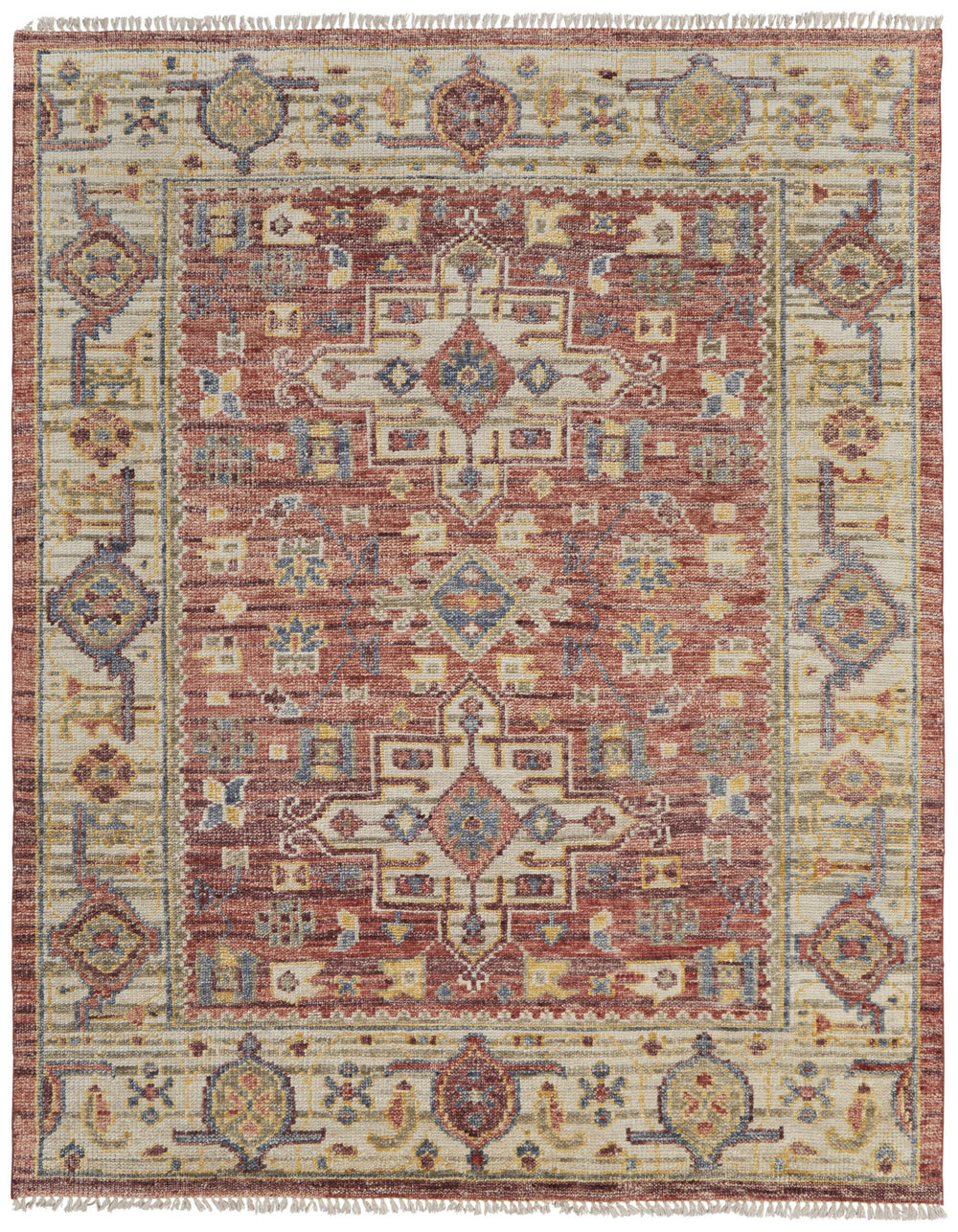 Homeroots 3' X 5' Ivory Red And Gold Wool Oriental Hand Knotted Area Rug With Fringe Red Wool 567144