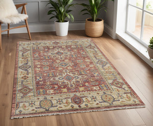 Homeroots 4' X 6' Ivory Red And Gold Wool Oriental Hand Knotted Area Rug With Fringe Red Wool 567145