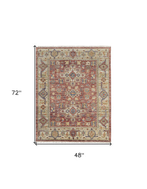 Homeroots 4' X 6' Ivory Red And Gold Wool Oriental Hand Knotted Area Rug With Fringe Red Wool 567145