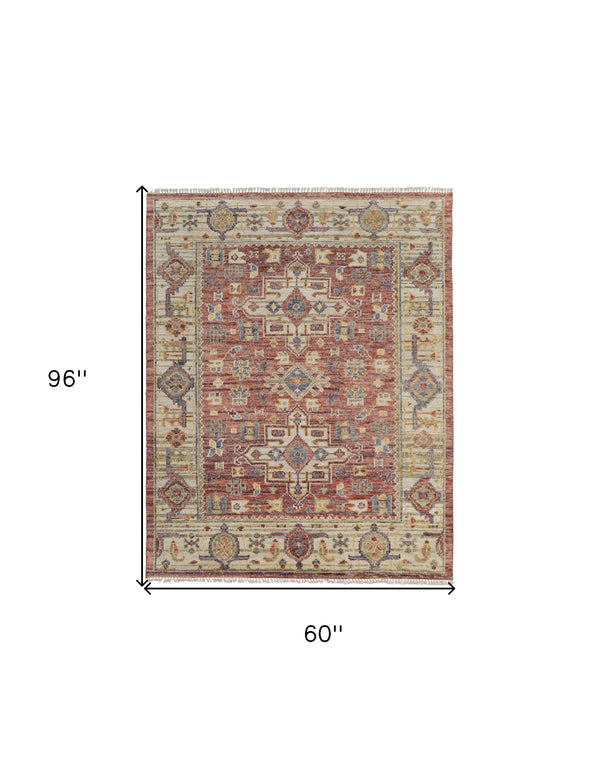 Homeroots 5' X 8' Ivory Red And Gold Wool Oriental Hand Knotted Area Rug With Fringe Red Wool 567146