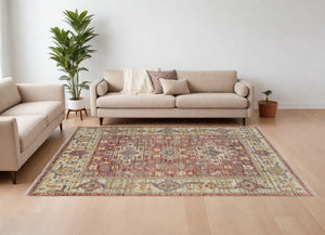 Homeroots 8' X 10' Ivory Red And Gold Wool Oriental Hand Knotted Area Rug With Fringe Red Wool 567147