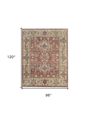 Homeroots 8' X 10' Ivory Red And Gold Wool Oriental Hand Knotted Area Rug With Fringe Red Wool 567147