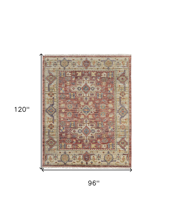 Homeroots 8' X 10' Ivory Red And Gold Wool Oriental Hand Knotted Area Rug With Fringe Red Wool 567147