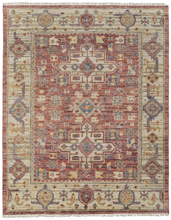 Homeroots 9' X 12' Ivory Red And Gold Wool Oriental Hand Knotted Area Rug With Fringe Red Wool 567148