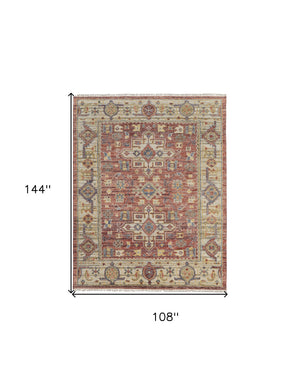 Homeroots 9' X 12' Ivory Red And Gold Wool Oriental Hand Knotted Area Rug With Fringe Red Wool 567148