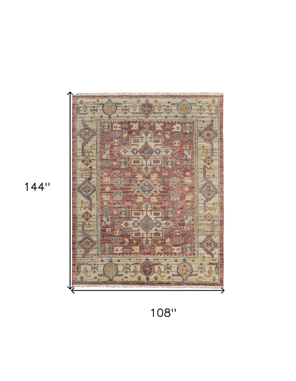 Homeroots 9' X 12' Ivory Red And Gold Wool Oriental Hand Knotted Area Rug With Fringe Red Wool 567148