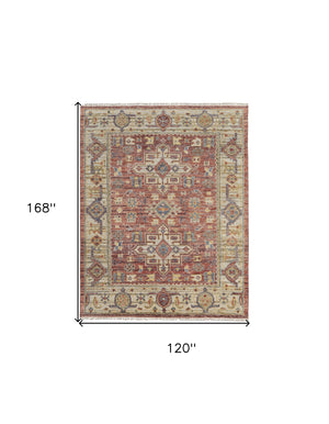 Homeroots 10' X 14' Ivory Red And Gold Wool Oriental Hand Knotted Area Rug With Fringe Red Wool 567149