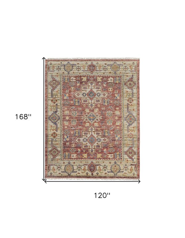 Homeroots 10' X 14' Ivory Red And Gold Wool Oriental Hand Knotted Area Rug With Fringe Red Wool 567149