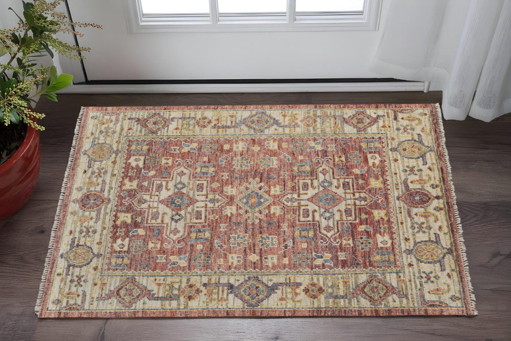 HomeRoots 3' Hand-Knotted Wool Area Rug in Ivory, Red, and Gold - Timeless Oriental Design with Fringed Elegance 2' X 3' 567150