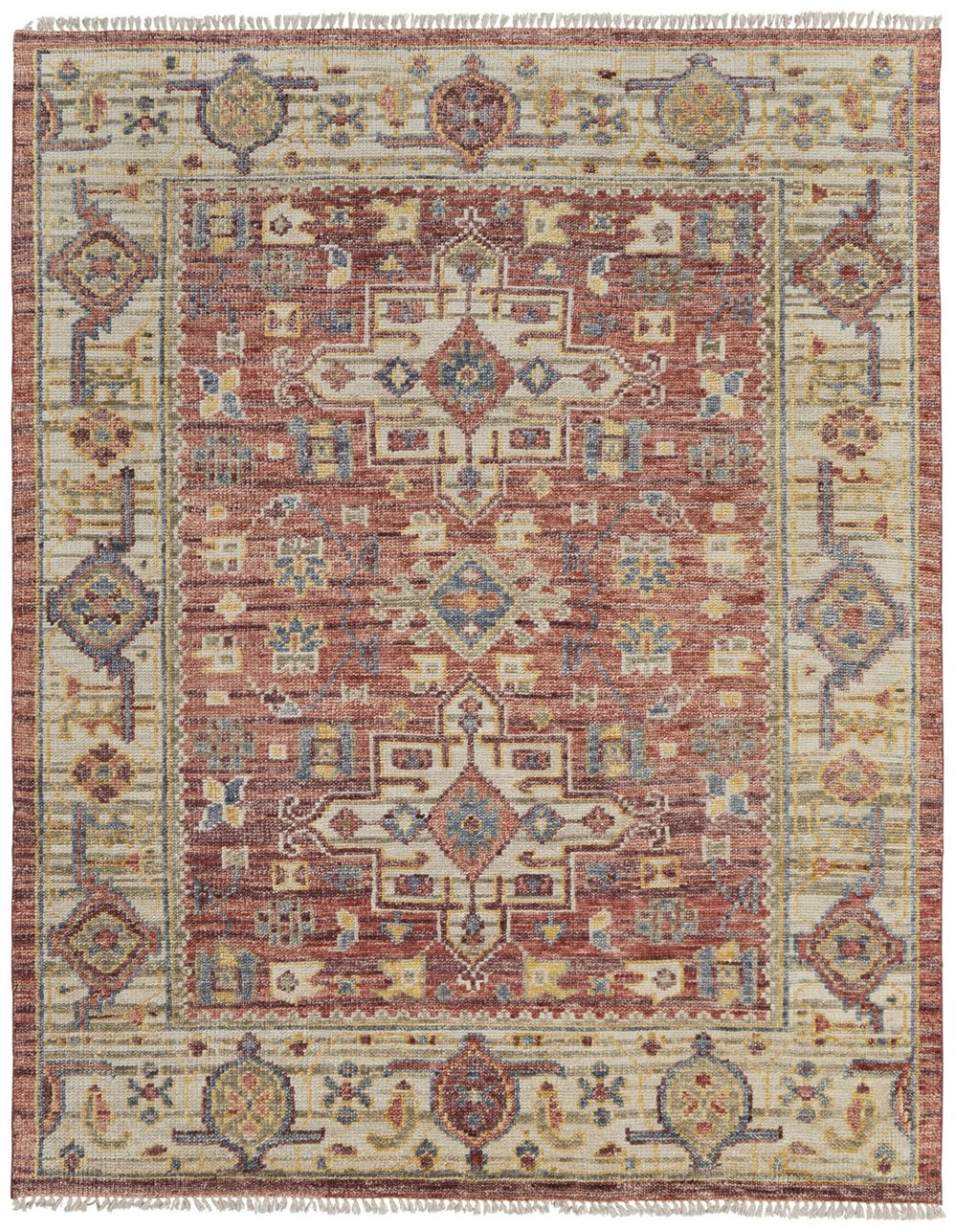 HomeRoots 3' Hand-Knotted Wool Area Rug in Ivory, Red, and Gold - Timeless Oriental Design with Fringed Elegance 2' X 3' 567150