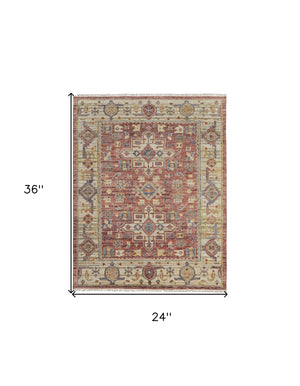 Homeroots 2' X 3' Ivory Red And Gold Wool Oriental Hand Knotted Area Rug With Fringe Red Wool 567150