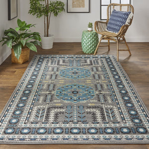 HomeRoots 10' Elegant Blue and Gray Oriental Power Loom Area Rug – Timeless Style for Busy Homes and Spaces 10' X 13' 567153