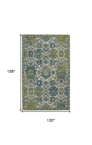 HomeRoots 10' Blue and Green Oriental Area Rug – Timeless Elegance, Durable, Easy-Care for Family Spaces 10' X 13' 567168