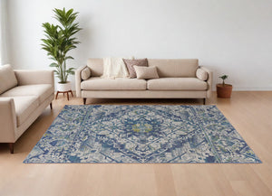 Homeroots 8' X 10' Green Blue And Ivory Oriental Power Loom Area Rug Blue Polypropylene 567173