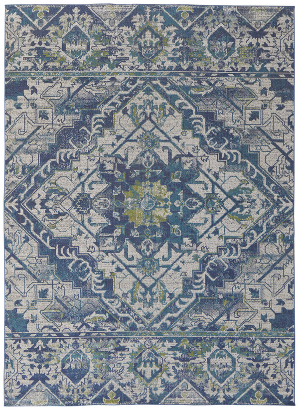 Homeroots 10' X 13' Green Blue And Ivory Oriental Power Loom Area Rug Blue Polypropylene 567174