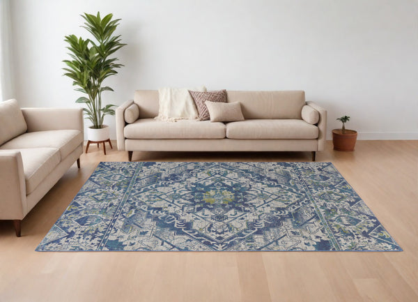 Homeroots 10' X 13' Green Blue And Ivory Oriental Power Loom Area Rug Blue Polypropylene 567174