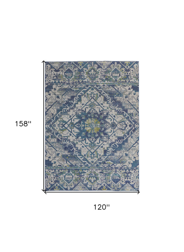 Homeroots 10' X 13' Green Blue And Ivory Oriental Power Loom Area Rug Blue Polypropylene 567174