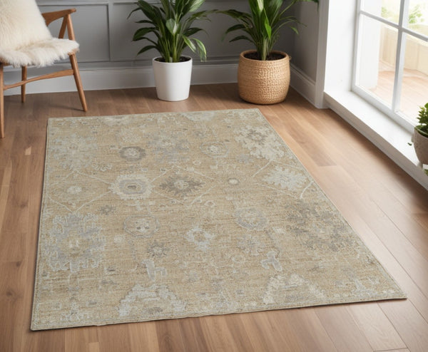 HomeRoots 4' Luxurious Tan and Ivory Floral Hand-Knotted Wool Area Rug for Warmth and Timeless Elegance 4' X 6' 567175