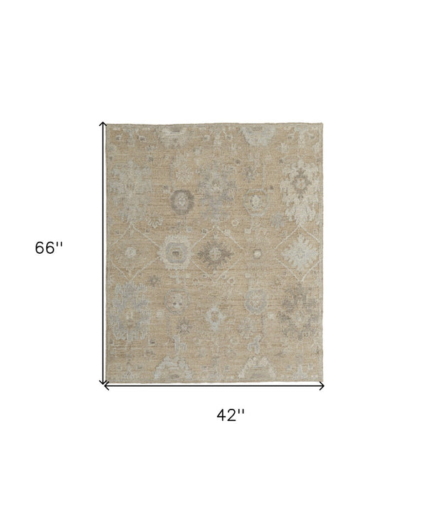 HomeRoots 4' Luxurious Tan and Ivory Floral Hand-Knotted Wool Area Rug for Warmth and Timeless Elegance 4' X 6' 567175
